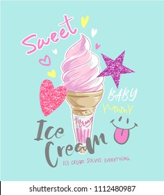 typography slogan with ice cream and glitter icons illustration