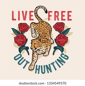 typography slogan with jaguar and roses illustration 