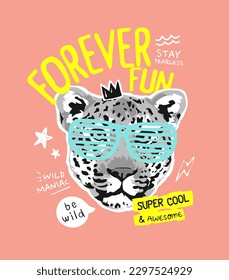 typography slogan with leopard in colorful glasses and icons vector illustration