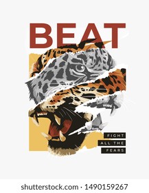 typography slogan with leopard face ripped off illustration