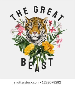 typography slogan with leopard and wild flowers illustration svg