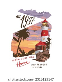 typography slogan with lighthouse and palm trees graphic vector illustration