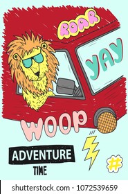 Typography slogan with lion and car, vector for modern t-shirt print, embroidery patch and printing. Fashion modern graphic tee and printed tee. For boy girl fabric hand drawn background design