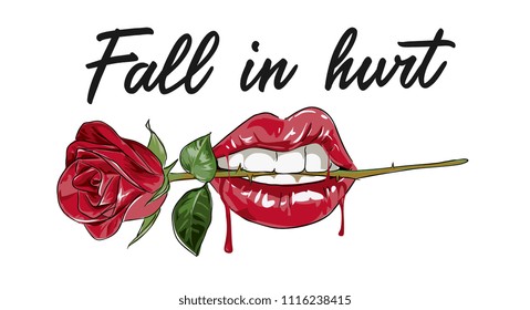 typography slogan with lip and rose illustration typography slogan with lip and rose illustration