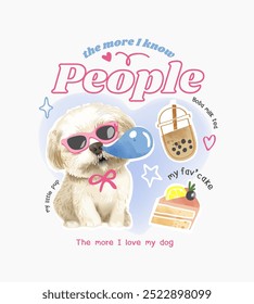 typography slogan with little puppy and cake on heart background vector illustration