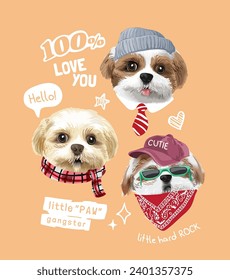 typography slogan with little puppy gansters cartoon vector illustration