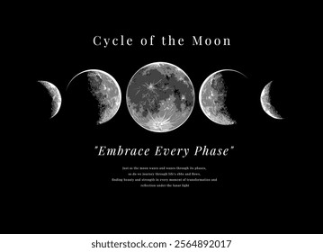 typography slogan with moon phases illustration on black background