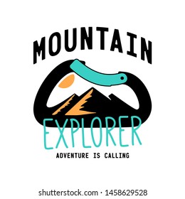 typography slogan mountain explorer with carabiner and alpine mountain silhouette inside background illustration for T-shirt and apparels graphic vector Print.