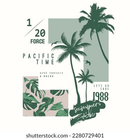 Typografie-Slogan auf Palmenhintergrund für Sommermode-Druck. California Beach Paradise Print T-Shirt Graphics Design, Typografie Slogan auf Palmen Hintergrund für Sommer-Mode-Druck