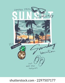 typography slogan with palm beach sunsetb photograph vector illustration for fashion print