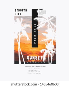 typography slogan with palm silhouette on sunset illustration