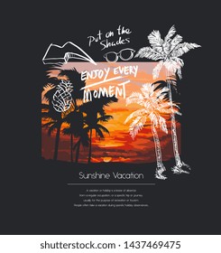 typography slogan with palm tree illustration on sunset blackground