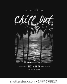 typography slogan with palm tree shadow on sunset and ocean background