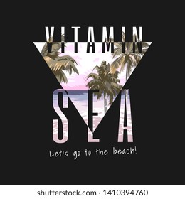 typography slogan with palm trees and beach in triangle illsustration