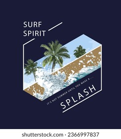 typography slogan with palm trees and beach splash in hexagon shape vector illustration