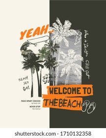 typography slogan with palm trees on black and white background