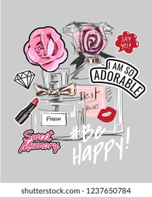 Typography Slogan With Perfume And Girly Icons Illustration