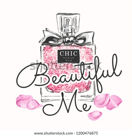 typography slogan with perfume and rose petals illustration