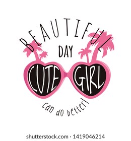 typography slogan with pink cartoon sunglasses and palm trees illustration