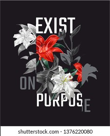 typography slogan with red lily flower illustration on black background