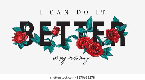 typography slogan with red roses illustration