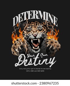 typography slogan with roaring leopard and lighning vector illustration on black background