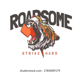 typography slogan with roaring tiger head with thunder bolt illustration