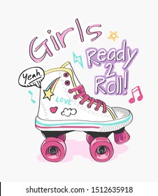 typography slogan with roller skate and cute icons illustration