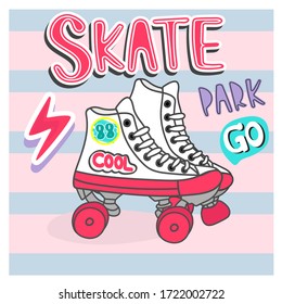 typography slogan with roller skate and cute icons illustration. on stripe background.