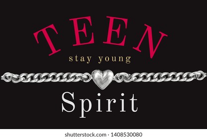 typography slogan with silver chrome chain lace and heart illustration
