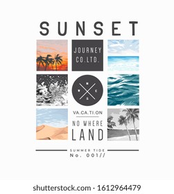 typography slogan with sky sunset and beach background illustration