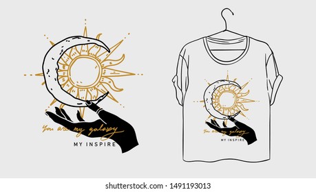 Typography slogan with snakehand and sun, moon background