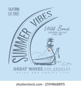 Typography slogan, Summer beach vibes. Surfing club. Miami surf days, t shirt graphics design, Long beach print design artwork. Beach Paradise Print tee design, Surf club design. Big wave artwork