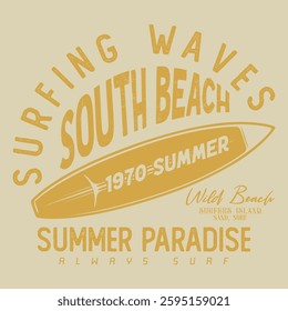 Typography slogan, Summer beach vibes. Surfing club. Miami surf days, t shirt graphics design, Long beach print design artwork. Beach Paradise Print tee design, Surf club design. Big wave artwork