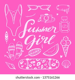 Typography slogan with  summer clothes and accessories for girls. Vector hand drawn trendy woman fashion illustration. Beach and Ocean doodle elements