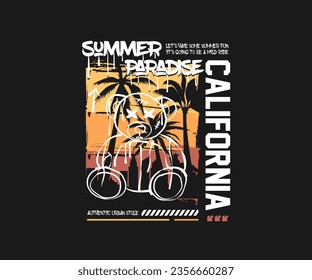 typography slogan summer paradise california with cartoon bear doll on sunset sky vector illustration for streetwear and urban style t-shirts design, hoodies, etc