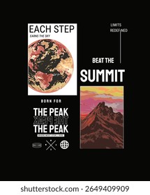 typography slogan with summit and globe in square frame vector illustration on black background