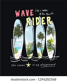 typography slogan with surfboard and beach palms illustration