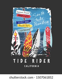 typography slogan with surfboards and beach signs illustration