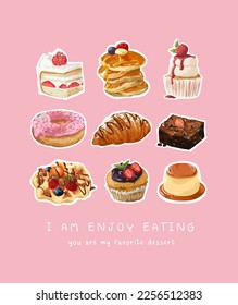 typography slogan with sweet desserts vector illustration on pink background