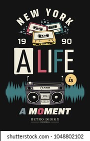 Typography slogan with tape recorder, in 80s 90s memphis style vector for t shirt printing, graphic tee and printed tee