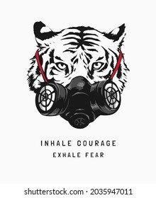 typography slogan with tiger face with gas mask vector illustration