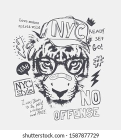 typography slogan with tiger in glasses and cap illustration