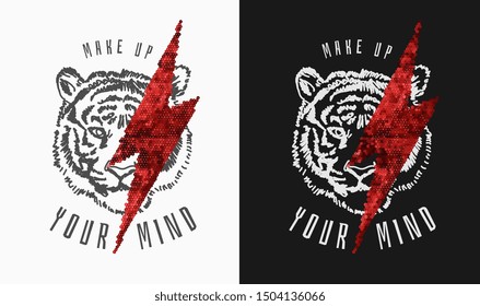 typography slogan with tiger hand outline illustration and red sequins thunder on black and white background