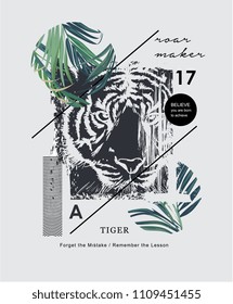 eslogan tipográfico con ilustración de tigre y hoja de palma