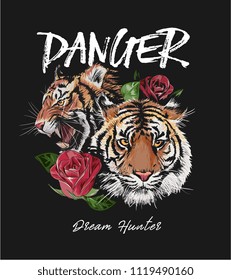 typography slogan with tiger and rose illustration
