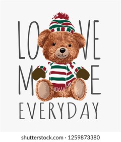 typography slogan with toy bear in winter costume