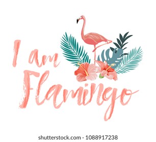 typography slogan with tropical flower and flamingo typography slogan with tropical flower and flamingo
