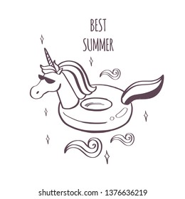 Typography slogan with vector hand drawn cute Summer Unicorn as rubber ring in ocean
