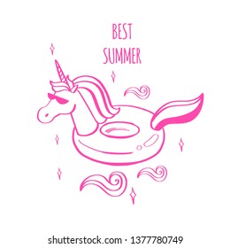 Typography slogan with vector hand drawn cute Summer Unicorn as rubber ring in ocean
